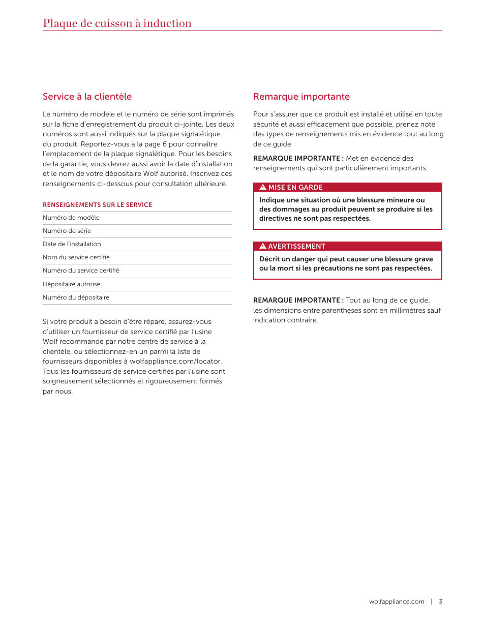 Plaque de cuisson à induction, Service à la clientèle, Remarque importante | Wolf Contemporary 36 Inch Induction Cooktop Use and Care Guide User Manual | Page 27 / 40