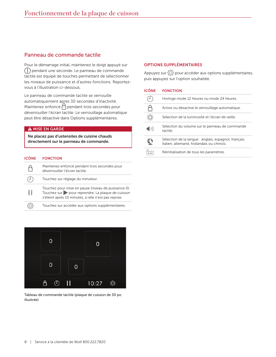 Fonctionnement de la plaque de cuisson, Panneau de commande tactile | Wolf Contemporary 36 Inch Induction Cooktop Use and Care Guide User Manual | Page 32 / 40