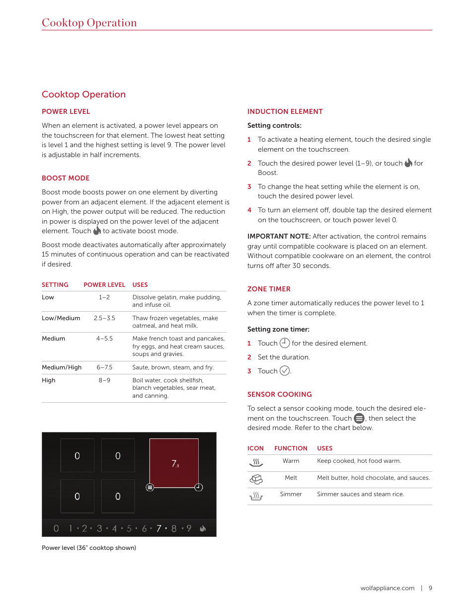 Cooktop operation | Wolf Contemporary 36 Inch Induction Cooktop Use and Care Guide User Manual | Page 9 / 40