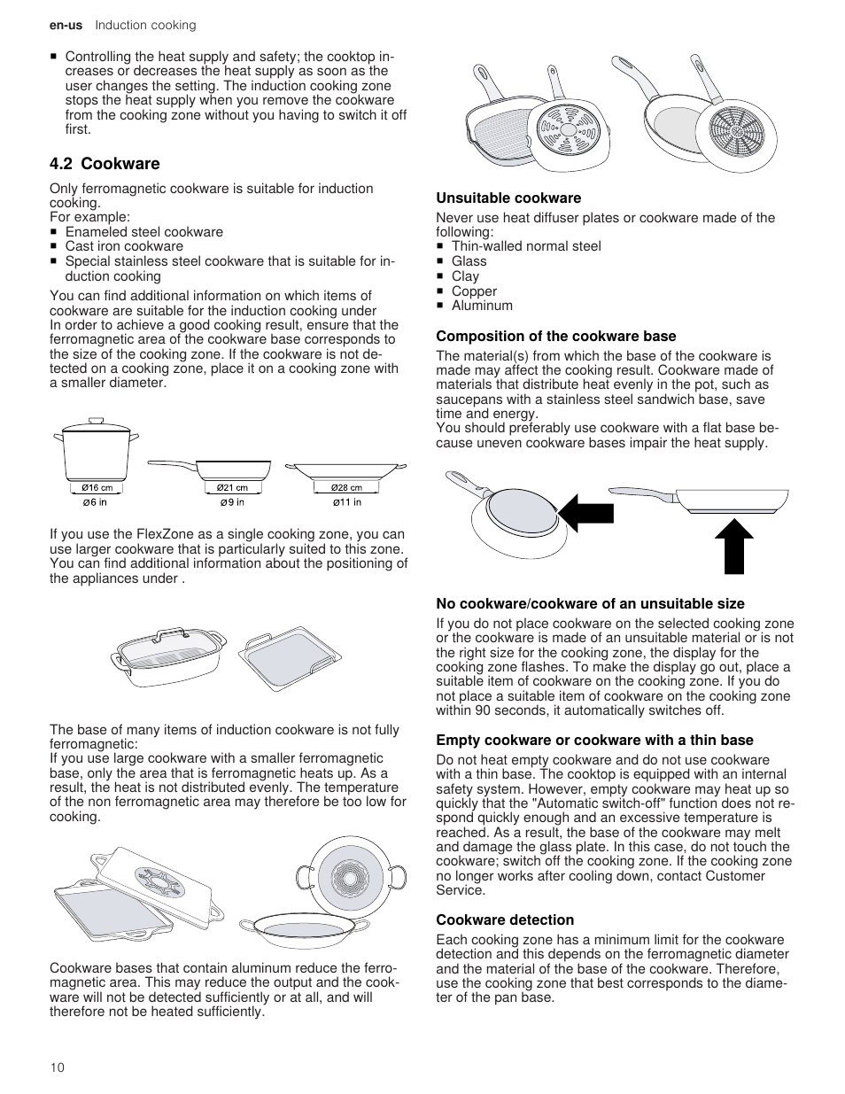 2 cookware, 1 unsuitable cookware, 2 composition of the cookware base | 3 no cookware/cookware of an unsuitable size, 4 empty cookware or cookware with a thin base, 5 cookware detection | Thermador Masterpiece Series 36 Inch Induction Smart Cooktop Use and Care Guide User Manual | Page 10 / 76