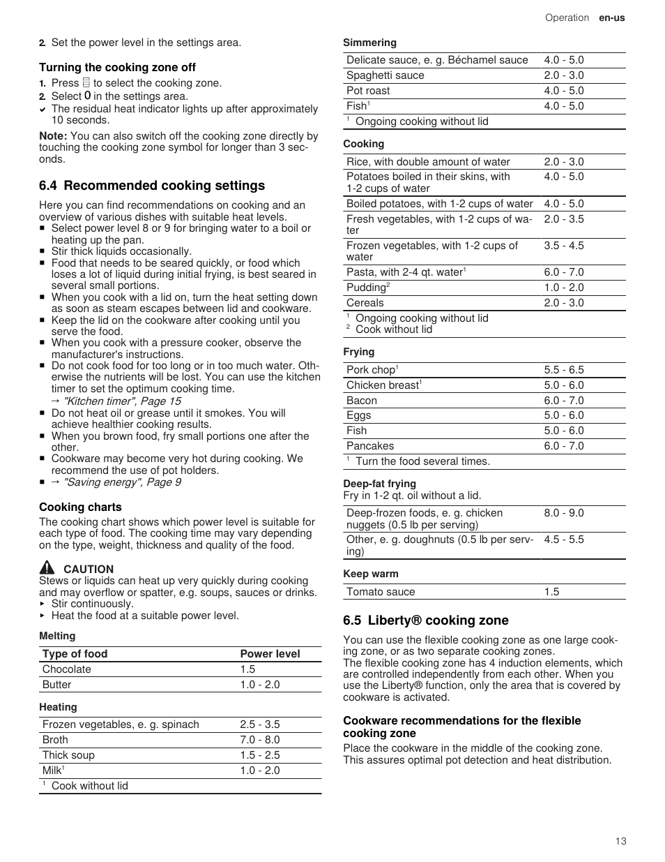 3 turning the cooking zone off, 4 recommended cooking settings, 1 cooking charts | 5 liberty® cooking zone | Thermador Masterpiece Series 36 Inch Induction Smart Cooktop Use and Care Guide User Manual | Page 13 / 76