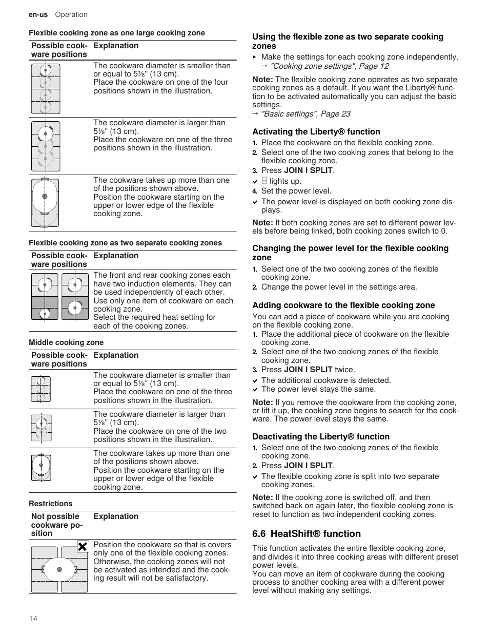 3 activating the liberty® function, 5 adding cookware to the flexible cooking zone, 6 deactivating the liberty® function | 6 heatshift® function | Thermador Masterpiece Series 36 Inch Induction Smart Cooktop Use and Care Guide User Manual | Page 14 / 76