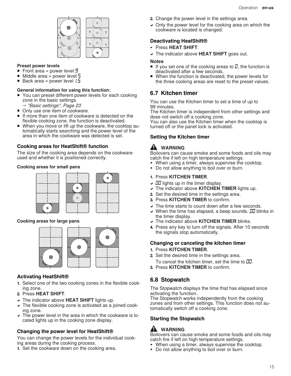 1 cooking areas for heatshift® function, 2 activating heatshift, 3 changing the power level for heatshift | 4 deactivating heatshift, 7 kitchen timer, 1 setting the kitchen timer, 2 changing or canceling the kitchen timer, 8 stopwatch, 1 starting the stopwatch | Thermador Masterpiece Series 36 Inch Induction Smart Cooktop Use and Care Guide User Manual | Page 15 / 76