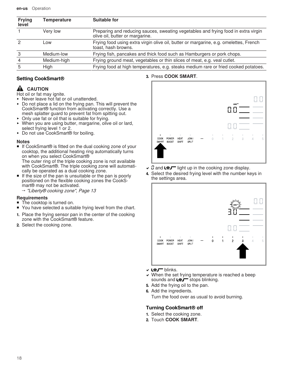 3 setting cooksmart, 4 turning cooksmart® off | Thermador Masterpiece Series 36 Inch Induction Smart Cooktop Use and Care Guide User Manual | Page 18 / 76