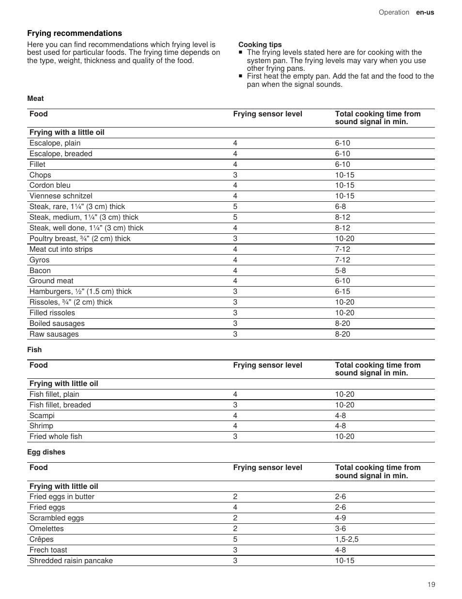 5 frying recommendations | Thermador Masterpiece Series 36 Inch Induction Smart Cooktop Use and Care Guide User Manual | Page 19 / 76
