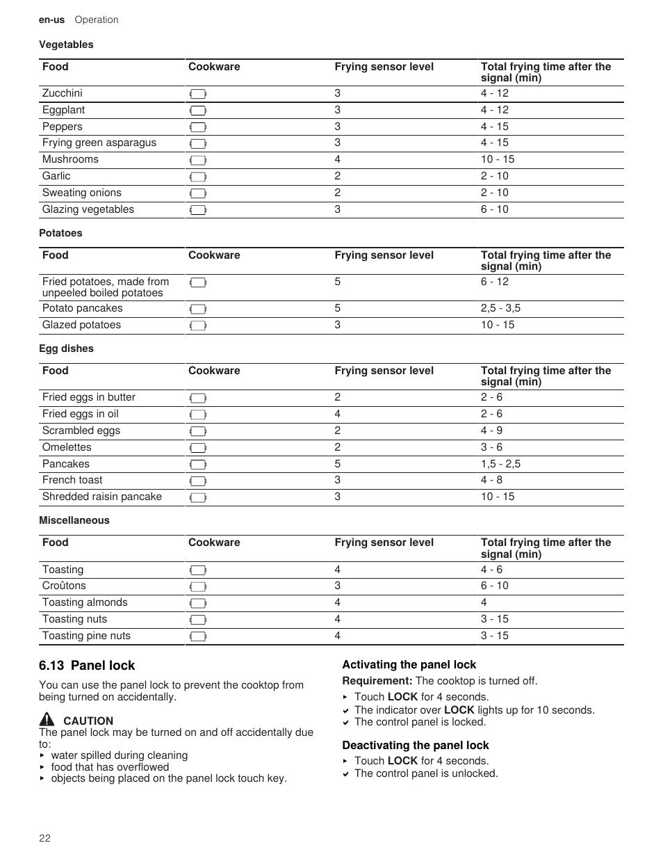 13 panel lock, 1 activating the panel lock, 2 deactivating the panel lock | Thermador Masterpiece Series 36 Inch Induction Smart Cooktop Use and Care Guide User Manual | Page 22 / 76