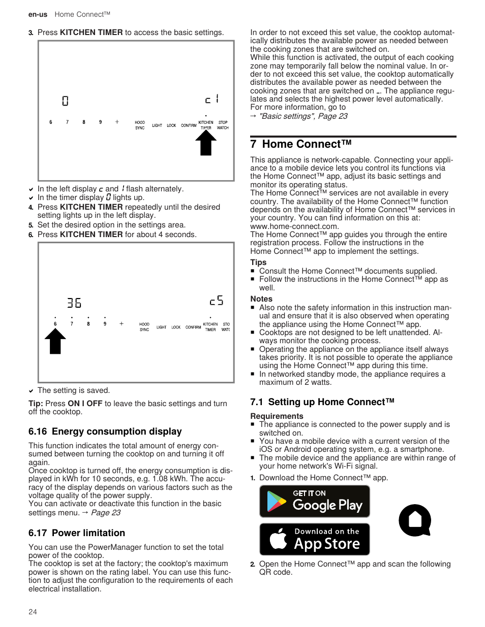 16 energy consumption display, 17 power limitation, 7 home connect | 1 setting up home connect | Thermador Masterpiece Series 36 Inch Induction Smart Cooktop Use and Care Guide User Manual | Page 24 / 76