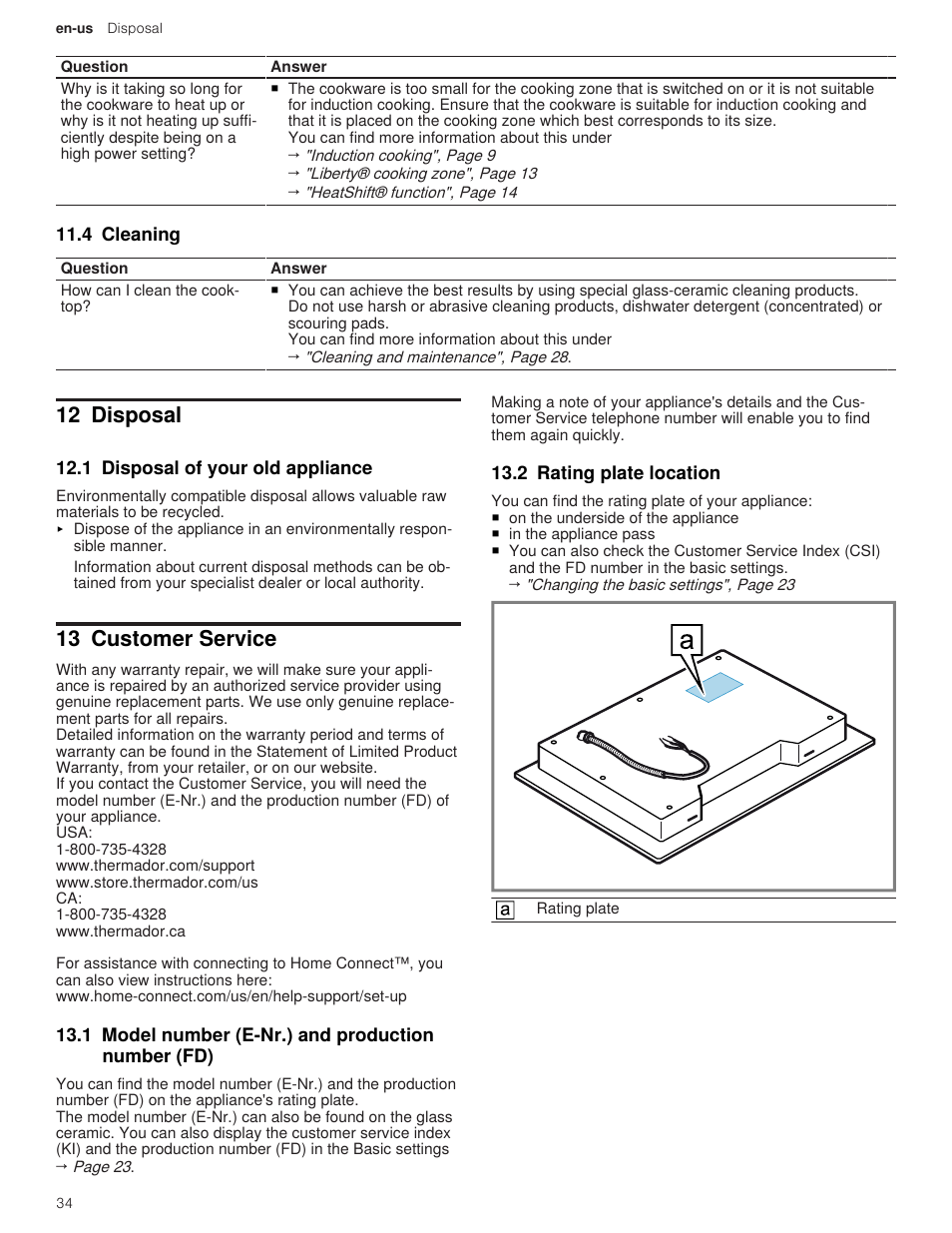 4 cleaning, 12 disposal, 1 disposal of your old appliance | 13 customer service, 1 model number (e-nr.) and production number (fd), 2 rating plate location, 1 model number (e-nr.) and production number | Thermador Masterpiece Series 36 Inch Induction Smart Cooktop Use and Care Guide User Manual | Page 34 / 76
