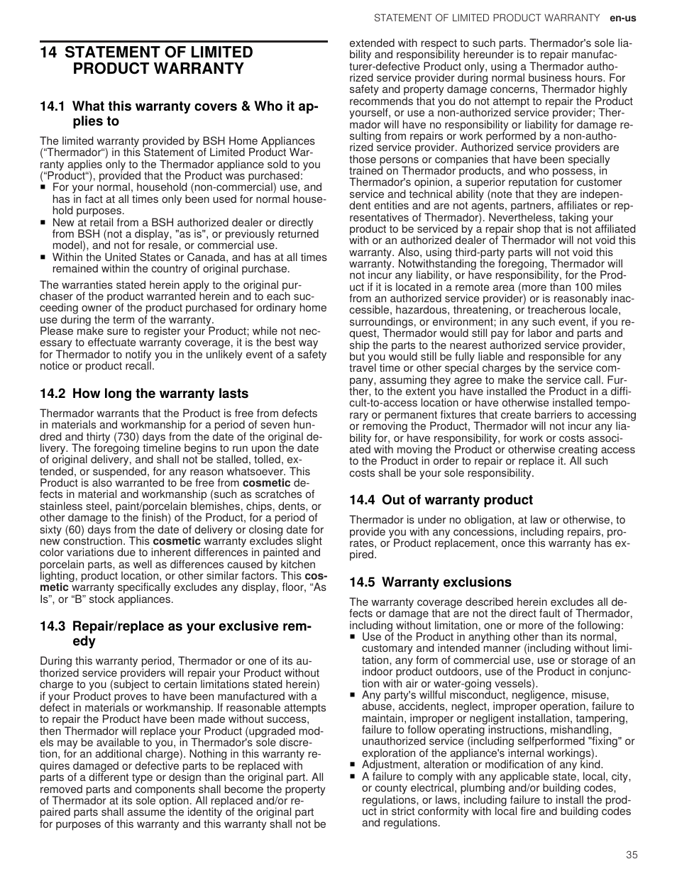 14 statement of limited product warranty, 1 what this warranty covers & who it applies to, 2 how long the warranty lasts | 3 repair/replace as your exclusive remedy, 4 out of warranty product, 5 warranty exclusions, 14 statement of limited product, Statement of limited product warranty | Thermador Masterpiece Series 36 Inch Induction Smart Cooktop Use and Care Guide User Manual | Page 35 / 76