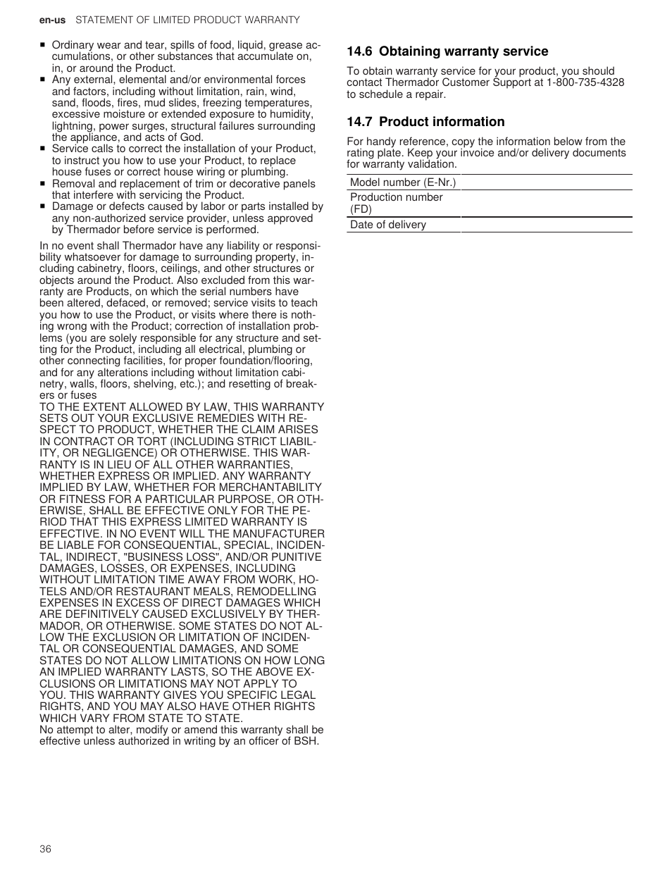 6 obtaining warranty service, 7 product information | Thermador Masterpiece Series 36 Inch Induction Smart Cooktop Use and Care Guide User Manual | Page 36 / 76
