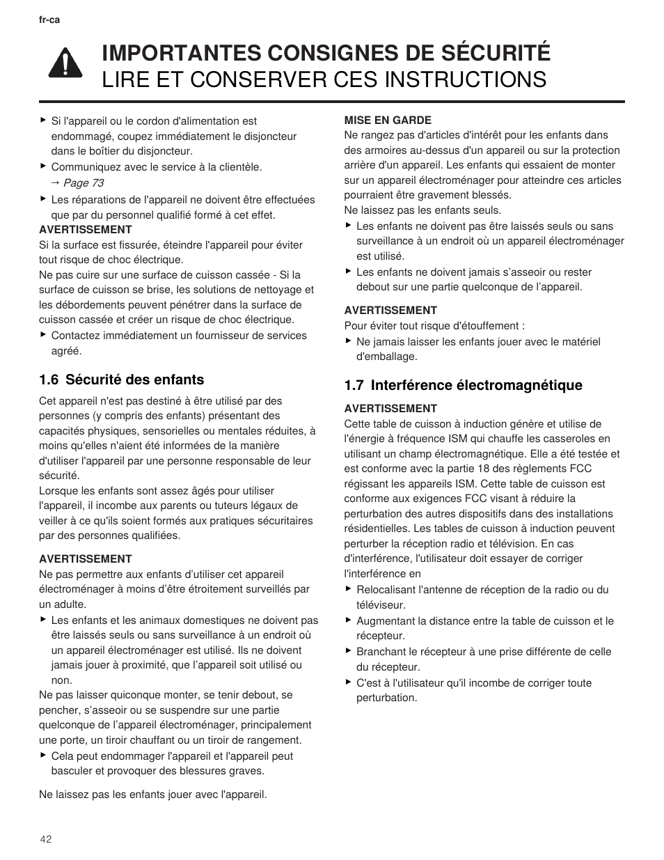 6 sécurité des enfants, 7 interférence électromagnétique | Thermador Masterpiece Series 36 Inch Induction Smart Cooktop Use and Care Guide User Manual | Page 42 / 76