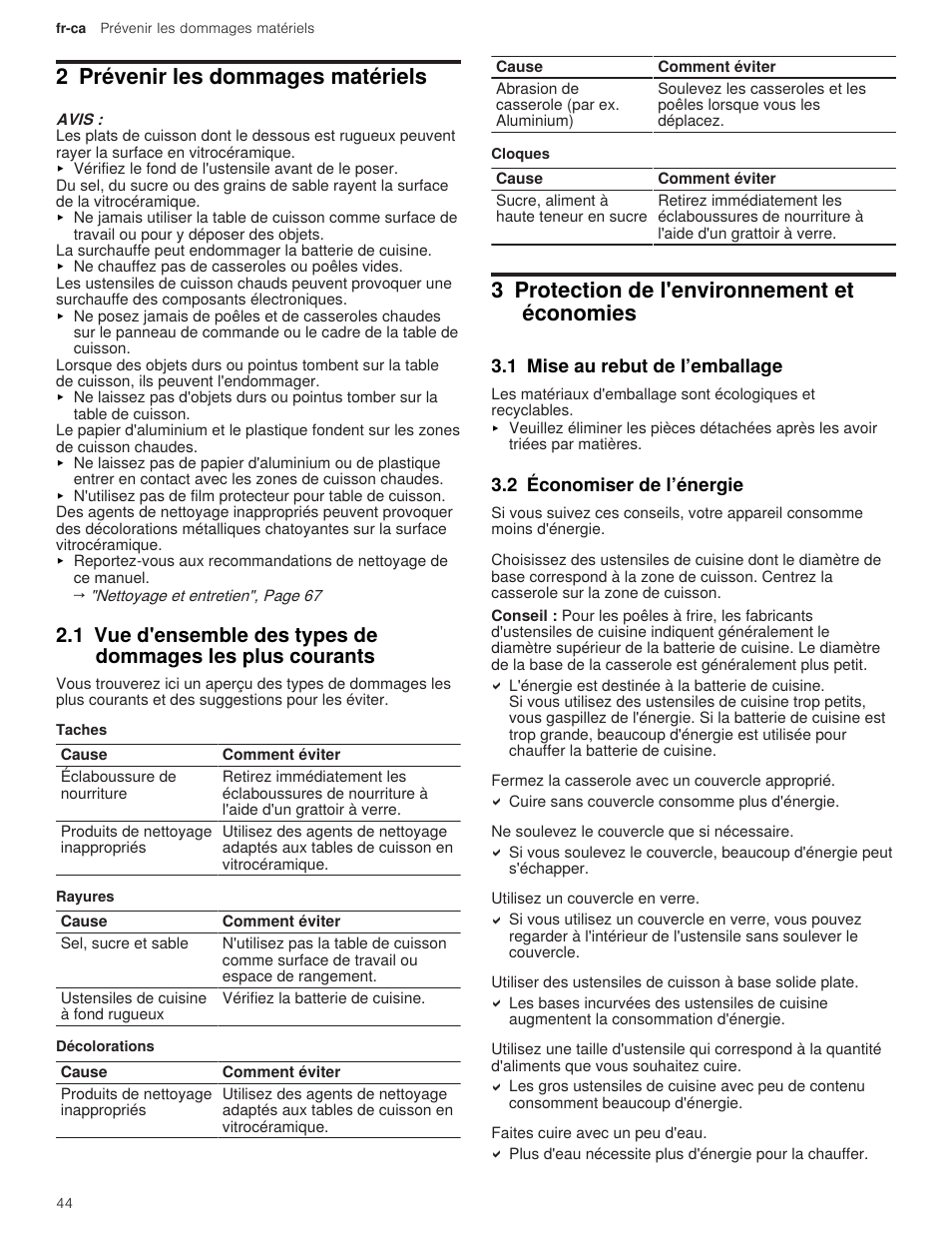 2 prévenir les dommages matériels, 3 protection de l'environnement et économies, 1 mise au rebut de l’emballage | 2 économiser de l’énergie, 1 vue d'ensemble des types de dommages les plus | Thermador Masterpiece Series 36 Inch Induction Smart Cooktop Use and Care Guide User Manual | Page 44 / 76