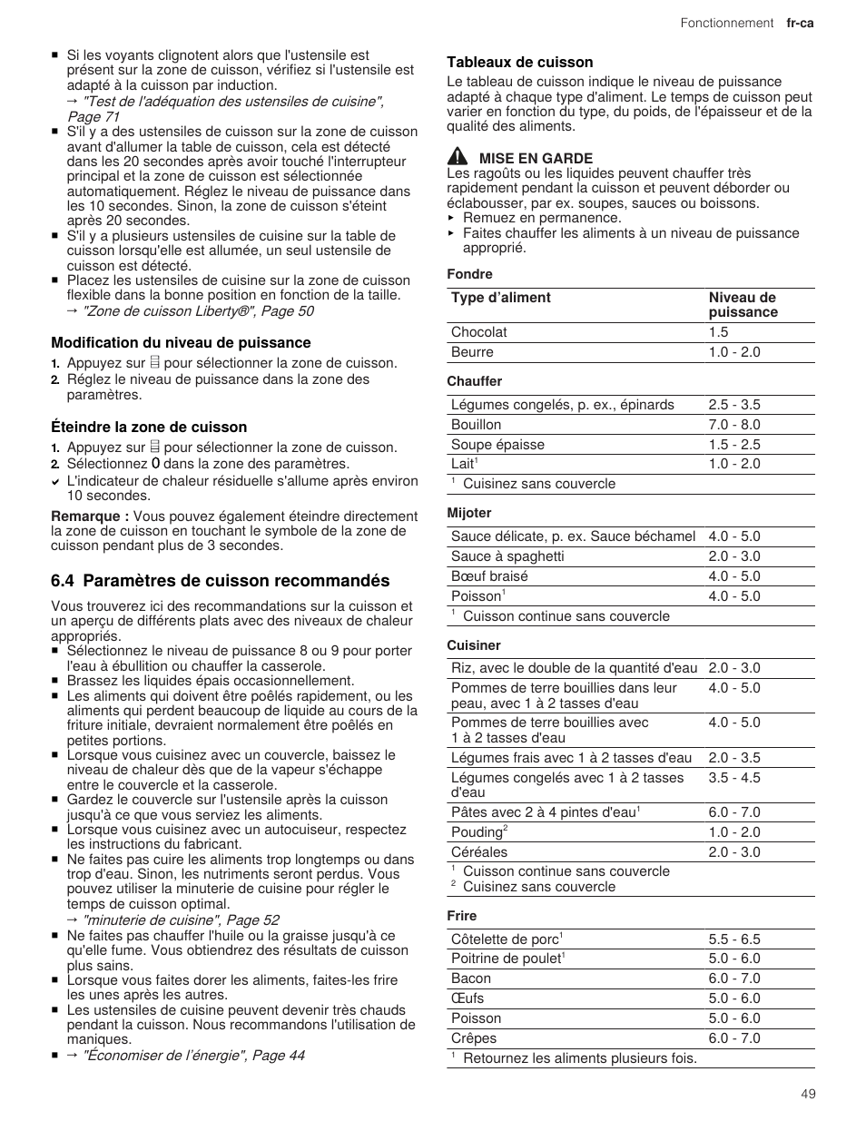 2 modification du niveau de puissance, 3 éteindre la zone de cuisson, 4 paramètres de cuisson recommandés | 1 tableaux de cuisson | Thermador Masterpiece Series 36 Inch Induction Smart Cooktop Use and Care Guide User Manual | Page 49 / 76