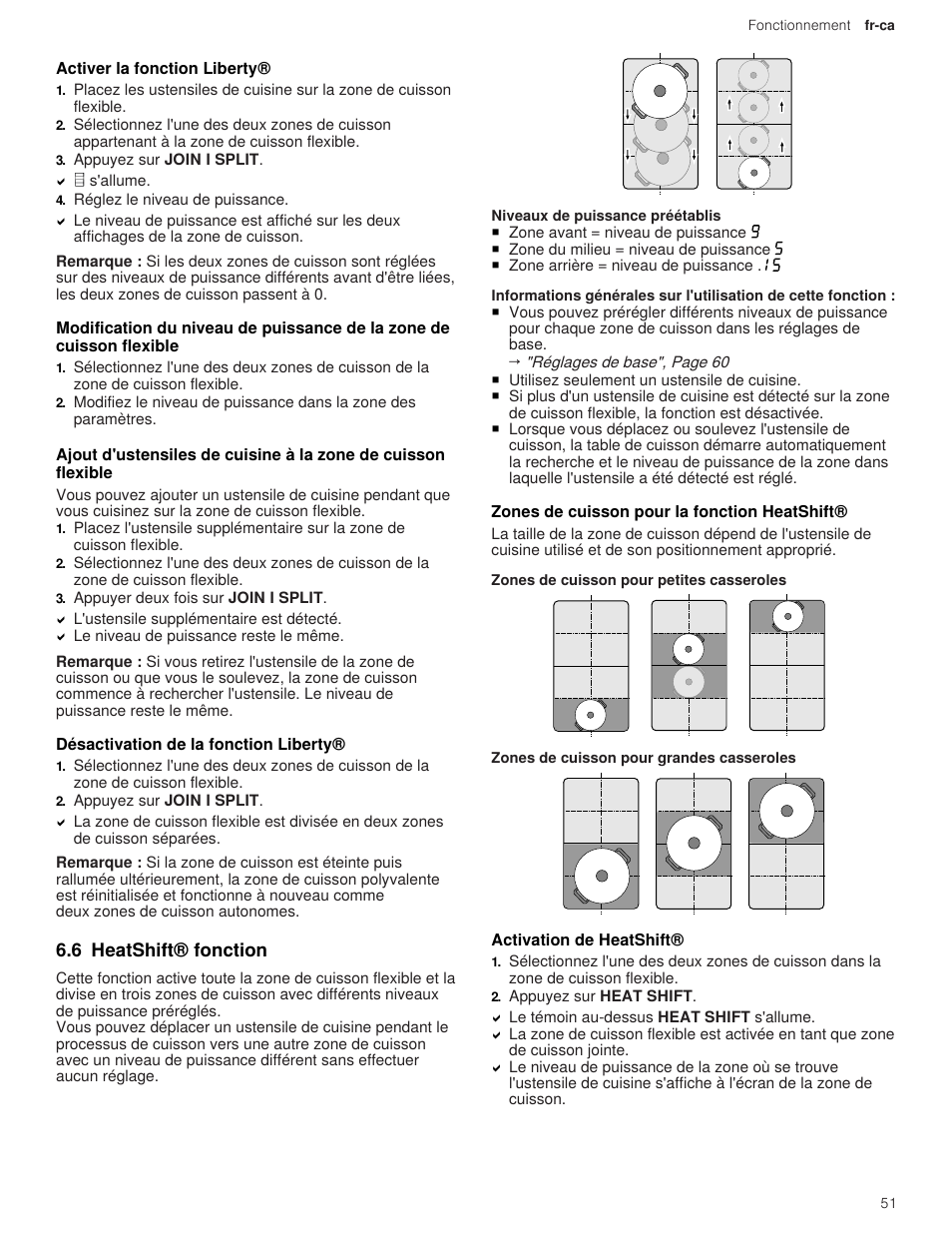3 activer la fonction liberty, 6 désactivation de la fonction liberty, 6 heatshift® fonction | 1 zones de cuisson pour la fonction heatshift, 2 activation de heatshift | Thermador Masterpiece Series 36 Inch Induction Smart Cooktop Use and Care Guide User Manual | Page 51 / 76