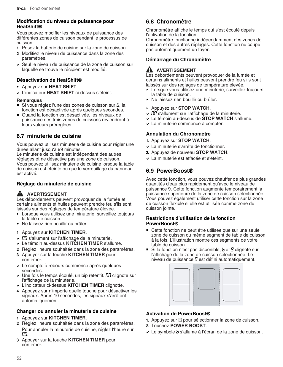 4 désactivation de heatshift, 7 minuterie de cuisine, 1 réglage du minuterie de cuisine | 2 changer ou annuler la minuterie de cuisine, 8 chronomètre, 1 démarrage du chronomètre, 2 annulation du chronomètre, 9 powerboost, 2 activation de powerboost | Thermador Masterpiece Series 36 Inch Induction Smart Cooktop Use and Care Guide User Manual | Page 52 / 76