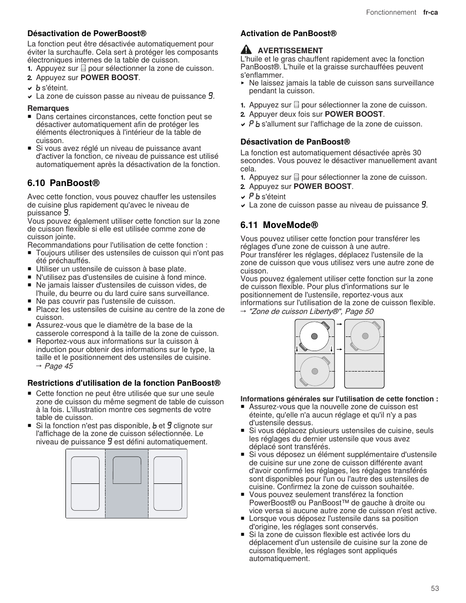 3 désactivation de powerboost, 10 panboost, 2 activation de panboost | 3 désactivation de panboost, 11 movemode | Thermador Masterpiece Series 36 Inch Induction Smart Cooktop Use and Care Guide User Manual | Page 53 / 76