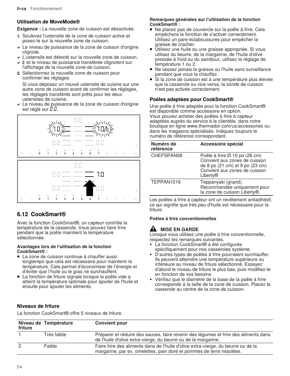1 utilisation de movemode, 12 cooksmart, 1 poêles adaptées pour cooksmart | 2 niveaux de friture | Thermador Masterpiece Series 36 Inch Induction Smart Cooktop Use and Care Guide User Manual | Page 54 / 76