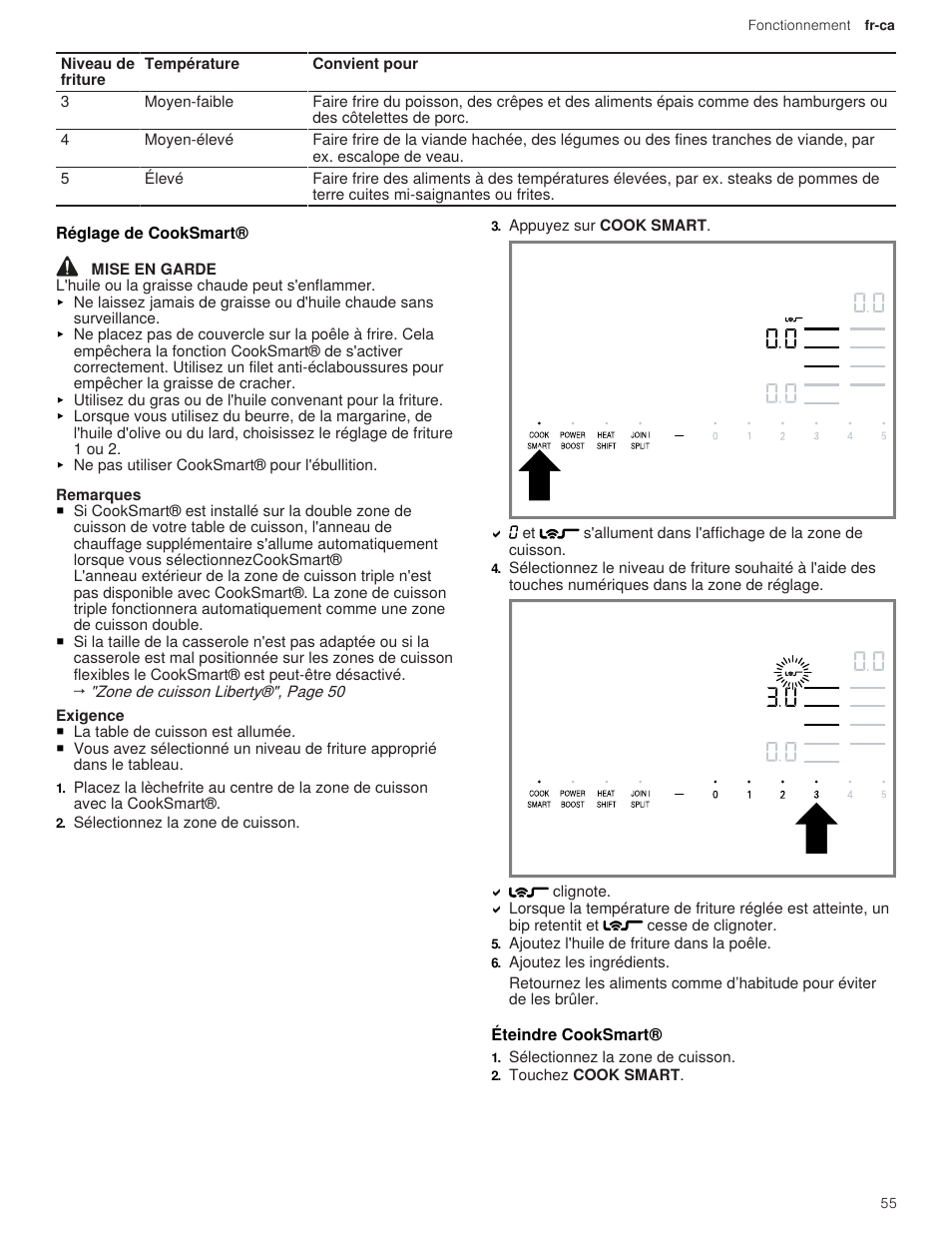 3 réglage de cooksmart, 4 éteindre cooksmart | Thermador Masterpiece Series 36 Inch Induction Smart Cooktop Use and Care Guide User Manual | Page 55 / 76