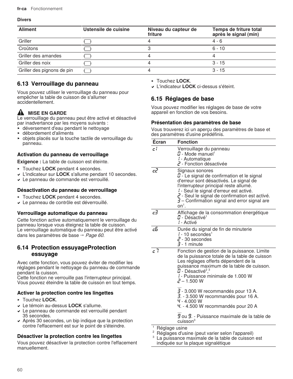 13 verrouillage du panneau, 1 activation du panneau de verrouillage, 2 désactivation du panneau de verrouillage | 3 verrouillage automatique du panneau, 14 protection essuyageprotection essuyage, 1 activer la protection contre les lingettes, 2 désactiver la protection contre les lingettes, 15 réglages de base, 1 présentation des paramètres de base | Thermador Masterpiece Series 36 Inch Induction Smart Cooktop Use and Care Guide User Manual | Page 60 / 76