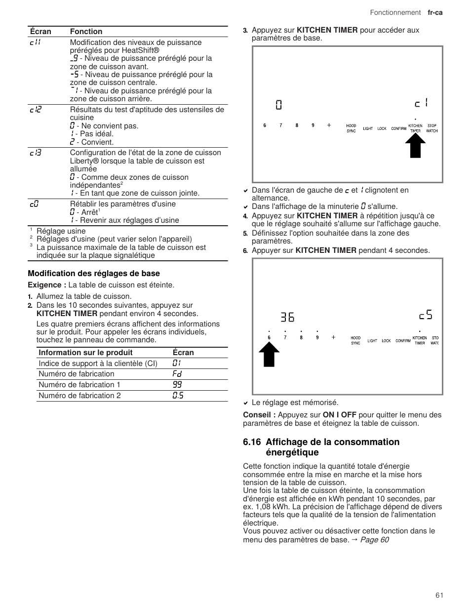 2 modification des réglages de base, 16 affichage de la consommation énergétique | Thermador Masterpiece Series 36 Inch Induction Smart Cooktop Use and Care Guide User Manual | Page 61 / 76