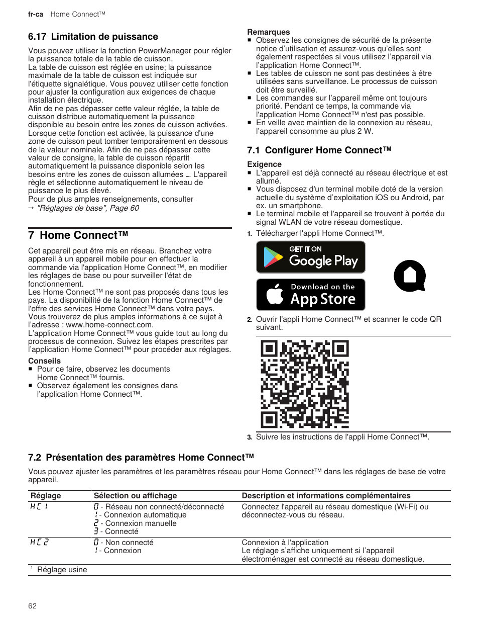 17 limitation de puissance, 7 home connect, 1 configurer home connect | 2 présentation des paramètres home connect | Thermador Masterpiece Series 36 Inch Induction Smart Cooktop Use and Care Guide User Manual | Page 62 / 76