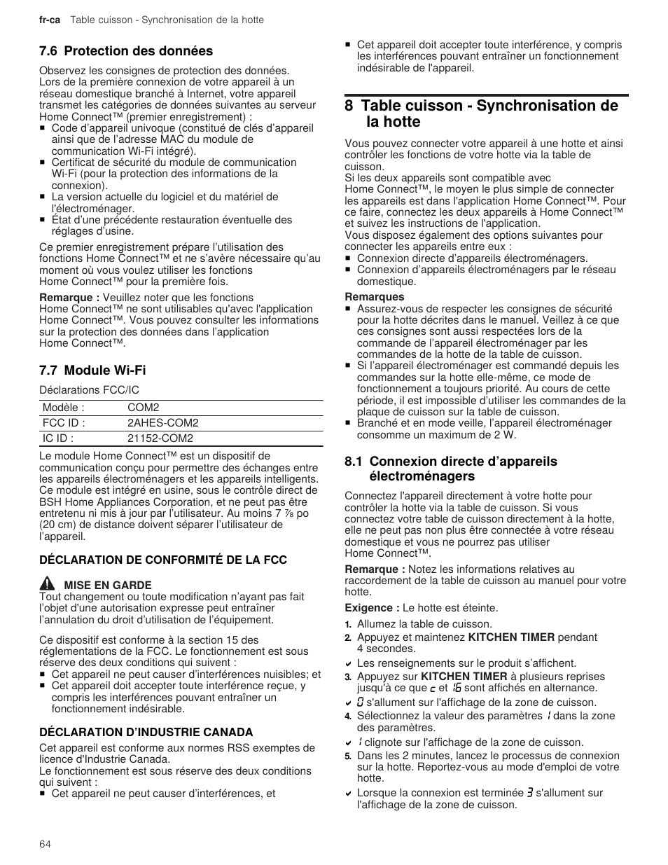 6 protection des données, 7 module wi-fi, 1 déclaration de conformité de la fcc | 2 déclaration d’industrie canada, 8 table cuisson - synchronisation de la hotte, 1 connexion directe d’appareils électroménagers | Thermador Masterpiece Series 36 Inch Induction Smart Cooktop Use and Care Guide User Manual | Page 64 / 76