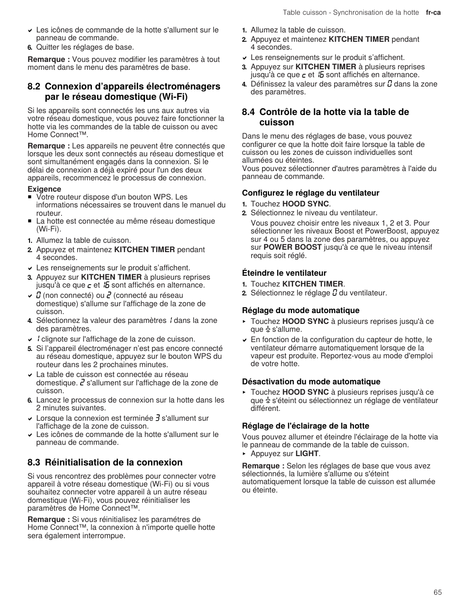 3 réinitialisation de la connexion, 4 contrôle de la hotte via la table de cuisson, 1 configurez le réglage du ventilateur | 2 éteindre le ventilateur, 3 réglage du mode automatique, 4 désactivation du mode automatique, 5 réglage de l'éclairage de la hotte, 2 connexion d’appareils électroménagers par le | Thermador Masterpiece Series 36 Inch Induction Smart Cooktop Use and Care Guide User Manual | Page 65 / 76