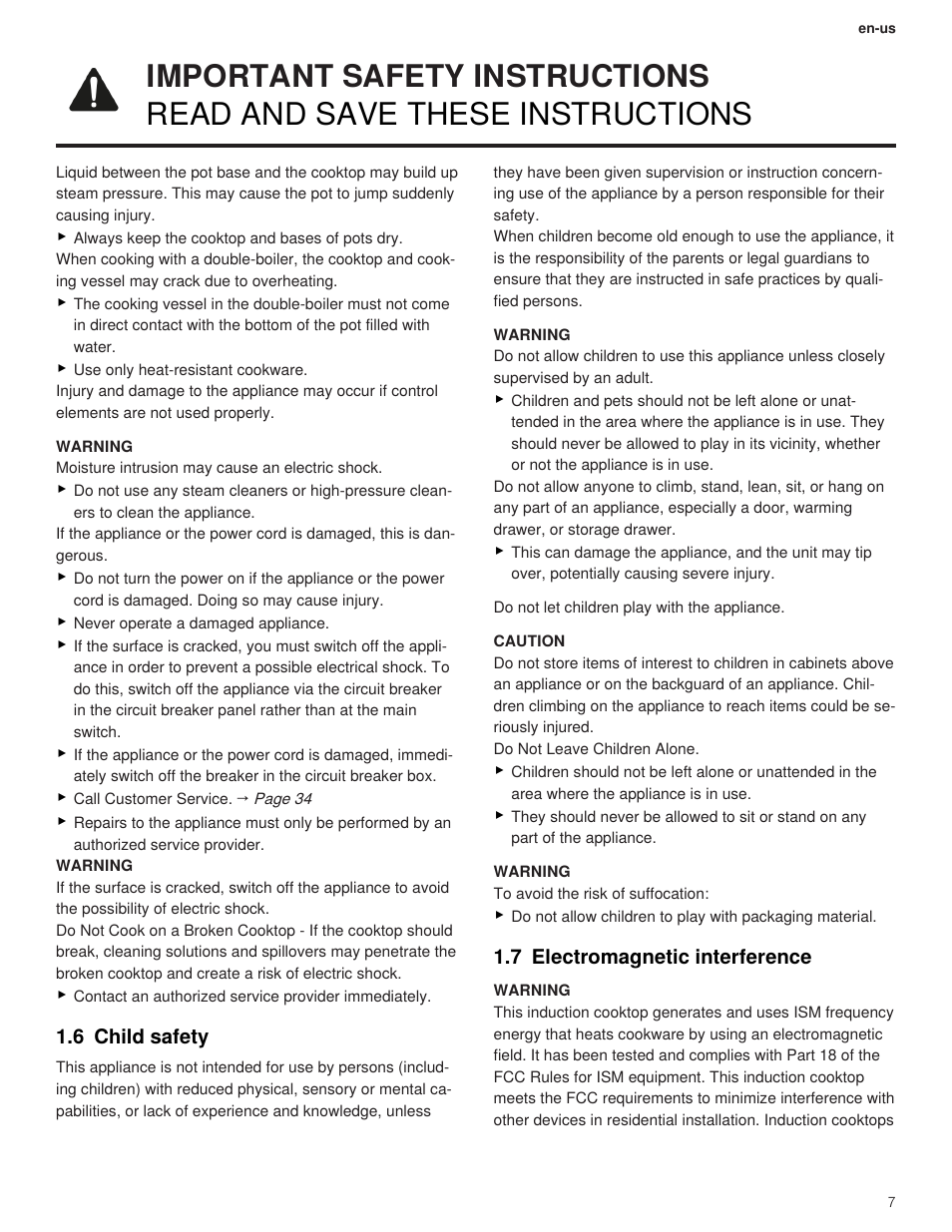 6 child safety, 7 electromagnetic interference | Thermador Masterpiece Series 36 Inch Induction Smart Cooktop Use and Care Guide User Manual | Page 7 / 76