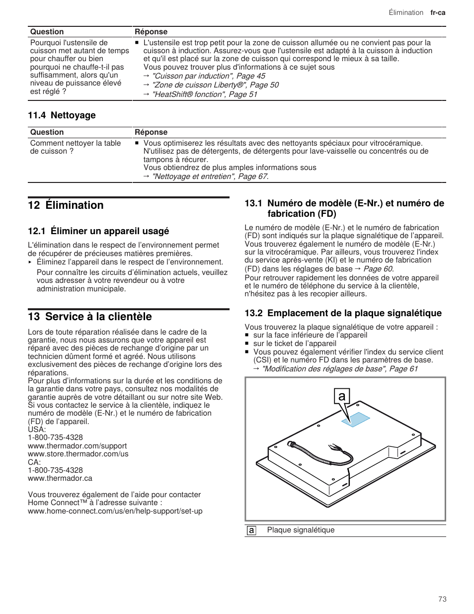 4 nettoyage, 12 élimination, 1 éliminer un appareil usagé | 13 service à la clientèle, 2 emplacement de la plaque signalétique, 1 numéro de modèle (e-nr.) et numéro de | Thermador Masterpiece Series 36 Inch Induction Smart Cooktop Use and Care Guide User Manual | Page 73 / 76