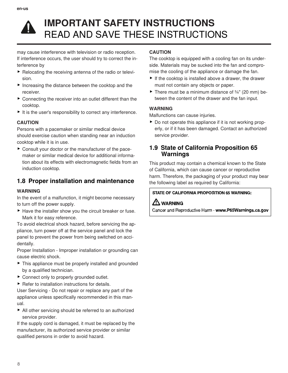 8 proper installation and maintenance, 9 state of california proposition 65 warnings | Thermador Masterpiece Series 36 Inch Induction Smart Cooktop Use and Care Guide User Manual | Page 8 / 76
