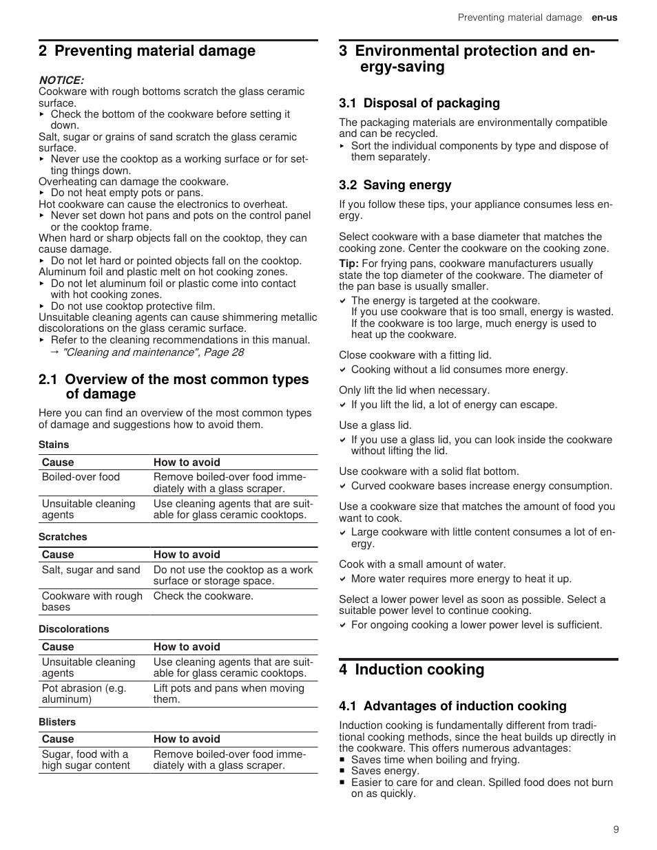 2 preventing material damage, 1 overview of the most common types of damage, 3 environmental protection and energy-saving | 1 disposal of packaging, 2 saving energy, 4 induction cooking, 1 advantages of induction cooking, 3 environmental protection and en- ergy-saving | Thermador Masterpiece Series 36 Inch Induction Smart Cooktop Use and Care Guide User Manual | Page 9 / 76