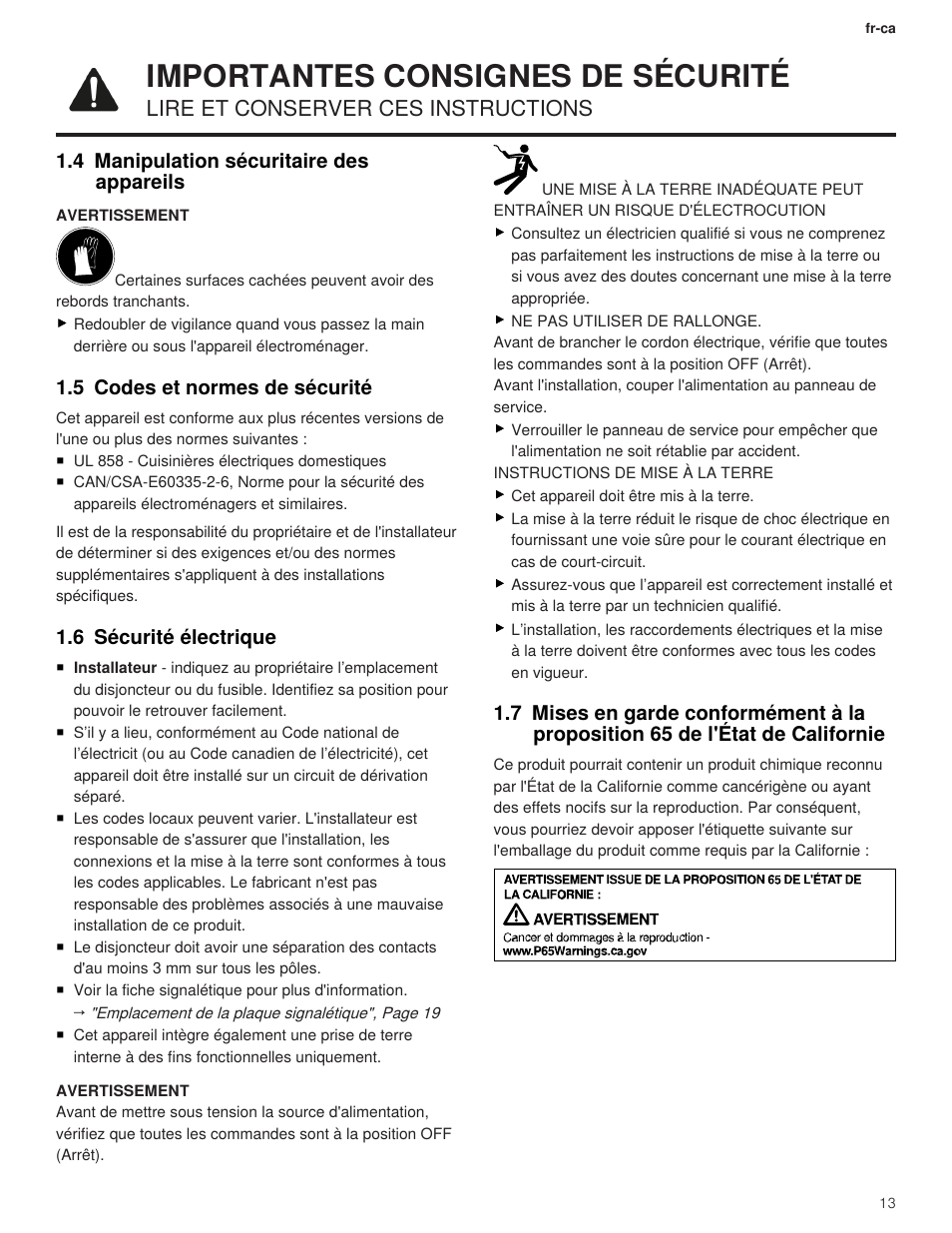 4 manipulation sécuritaire des appareils, 5 codes et normes de sécurité, 6 sécurité électrique | Importantes consignes de sécurité, Lire et conserver ces instructions | Thermador Masterpiece Series Freedom Collection 36 Inch Induction Smart Cooktop Installation Instructions User Manual | Page 13 / 24