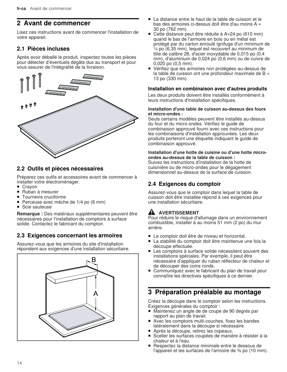 2 avant de commencer, 1 pièces incluses, 2 outils et pièces nécessaires | 3 exigences concernant les armoires, 4 exigences du comptoir, 3 préparation préalable au montage | Thermador Masterpiece Series Freedom Collection 36 Inch Induction Smart Cooktop Installation Instructions User Manual | Page 14 / 24