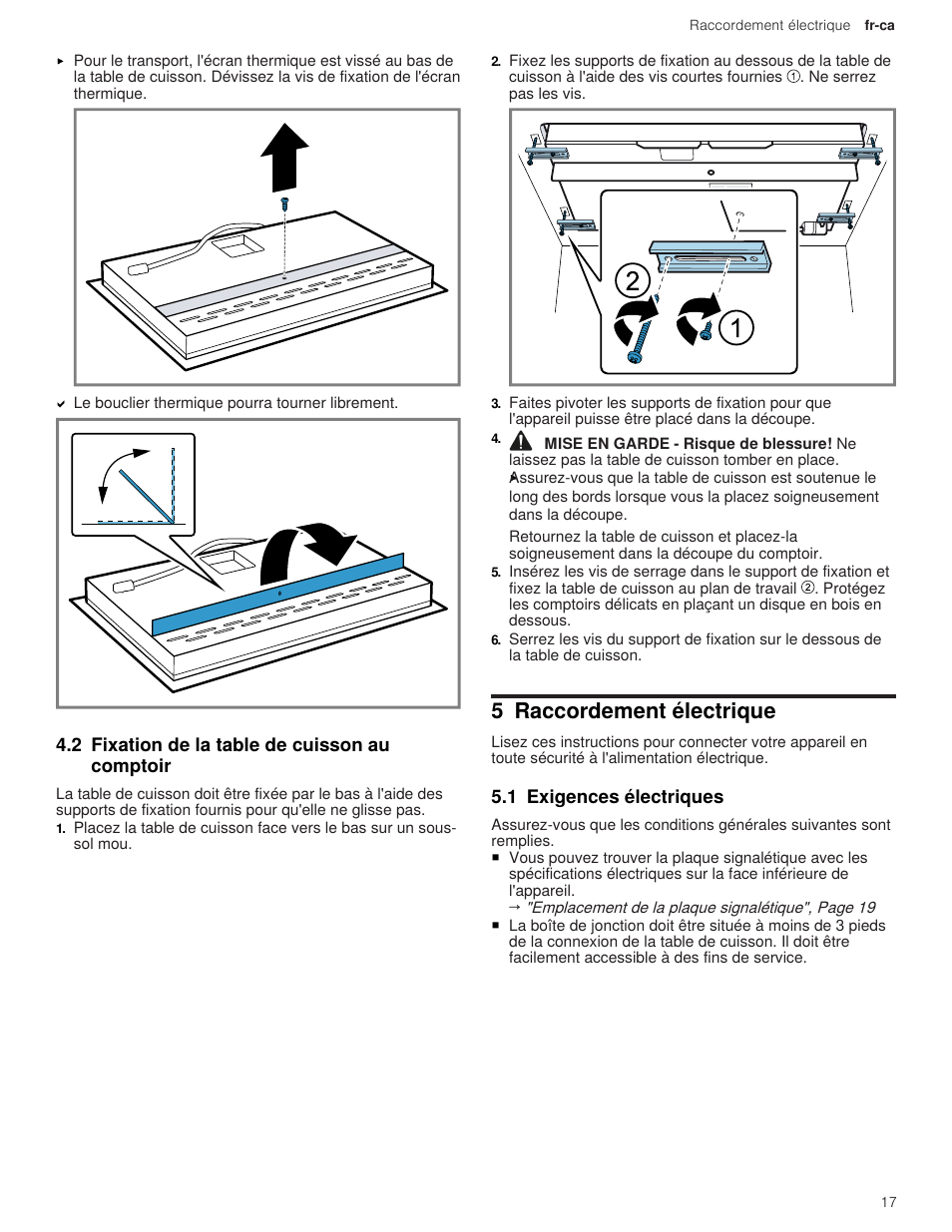 2 fixation de la table de cuisson au comptoir, 5 raccordement électrique, 1 exigences électriques | Thermador Masterpiece Series Freedom Collection 36 Inch Induction Smart Cooktop Installation Instructions User Manual | Page 17 / 24