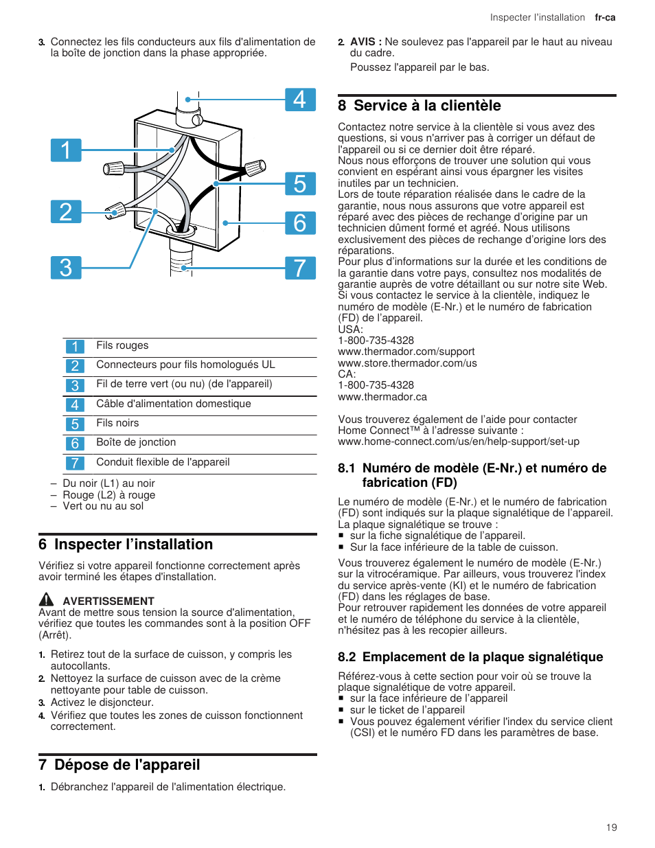 6 inspecter l’installation, 7 dépose de l'appareil, 8 service à la clientèle | 2 emplacement de la plaque signalétique, 1 numéro de modèle (e-nr.) et numéro de | Thermador Masterpiece Series Freedom Collection 36 Inch Induction Smart Cooktop Installation Instructions User Manual | Page 19 / 24