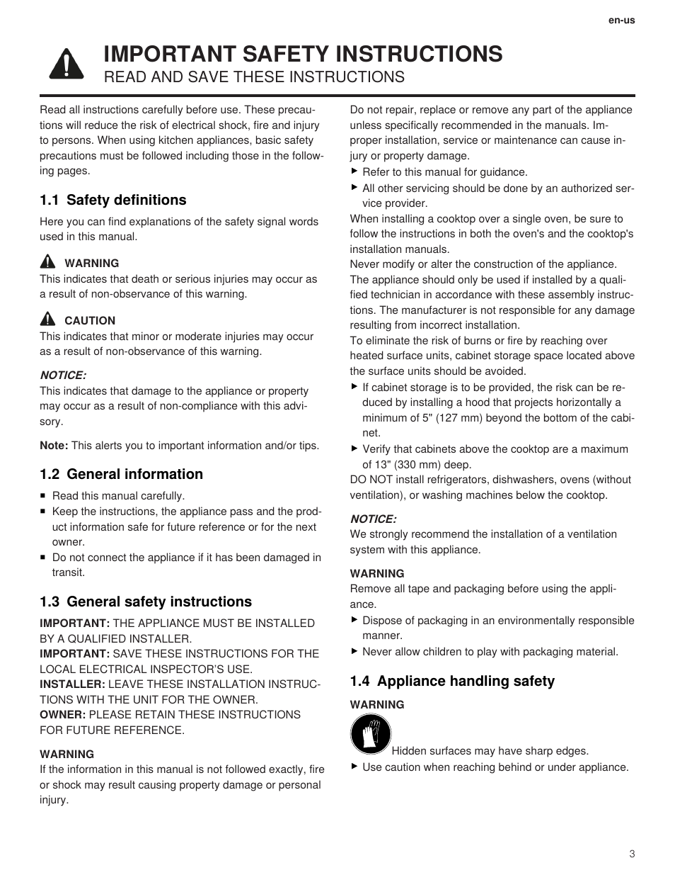 1 important safety instructions, 1 safety definitions, 2 general information | 3 general safety instructions, 4 appliance handling safety, Important safety instructions, Read and save these instructions | Thermador Masterpiece Series Freedom Collection 36 Inch Induction Smart Cooktop Installation Instructions User Manual | Page 3 / 24