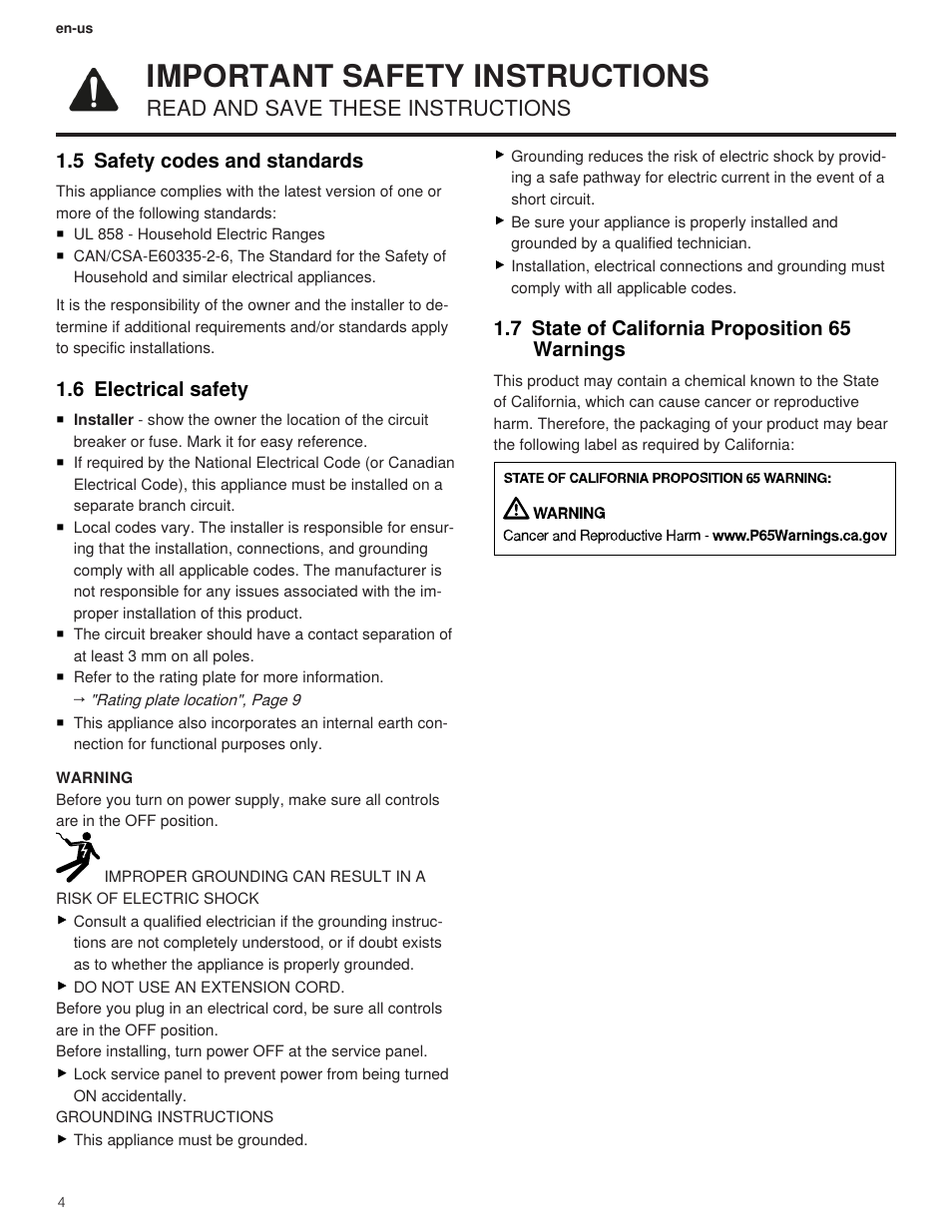 5 safety codes and standards, 6 electrical safety, 7 state of california proposition 65 warnings | Important safety instructions, Read and save these instructions | Thermador Masterpiece Series Freedom Collection 36 Inch Induction Smart Cooktop Installation Instructions User Manual | Page 4 / 24