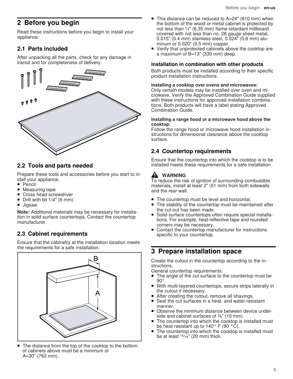 2 before you begin, 1 parts included, 2 tools and parts needed | 3 cabinet requirements, 1 installation in combination with other products, 4 countertop requirements, 3 prepare installation space | Thermador Masterpiece Series Freedom Collection 36 Inch Induction Smart Cooktop Installation Instructions User Manual | Page 5 / 24