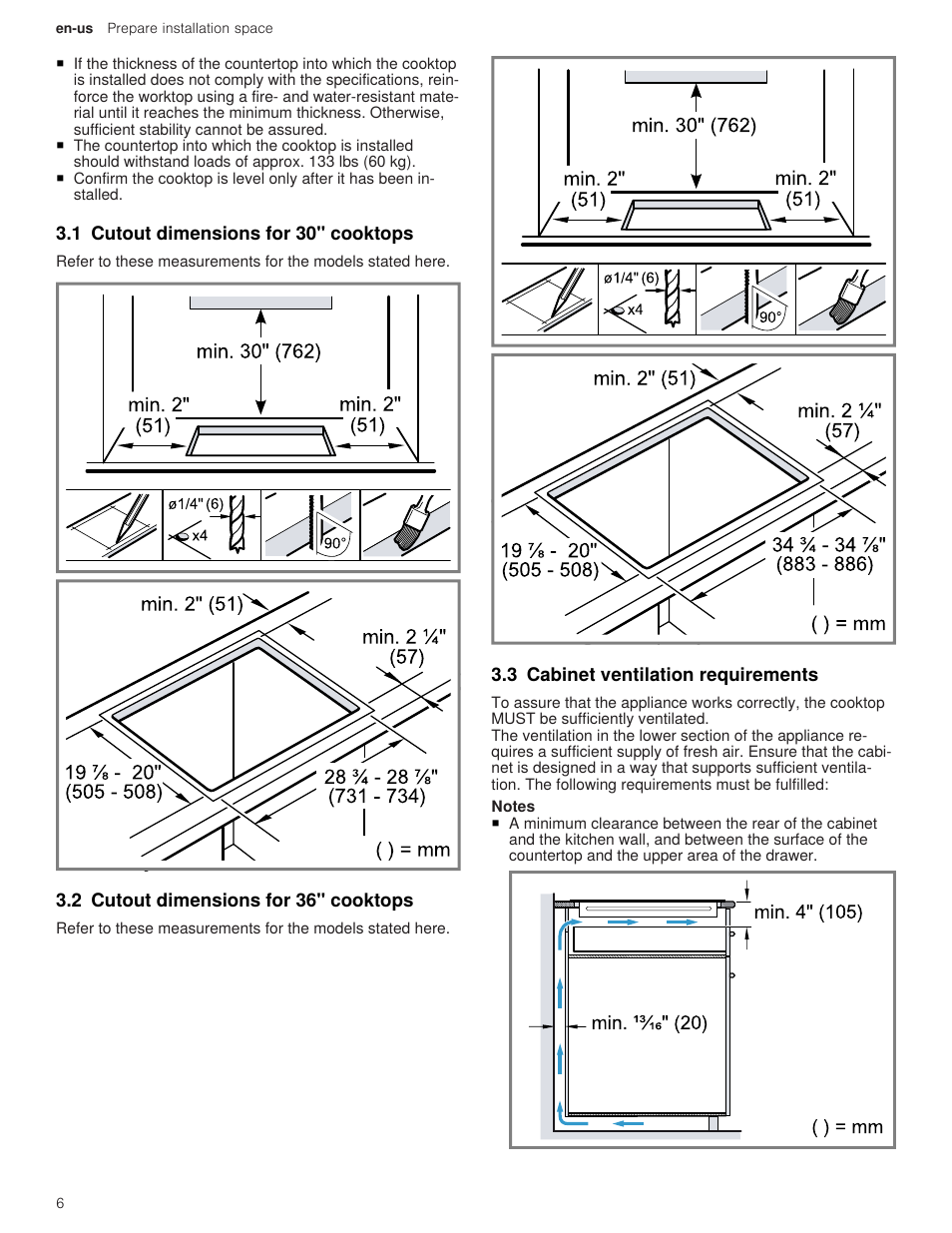 1 cutout dimensions for 30" cooktops, 2 cutout dimensions for 36" cooktops, 3 cabinet ventilation requirements | Thermador Masterpiece Series Freedom Collection 36 Inch Induction Smart Cooktop Installation Instructions User Manual | Page 6 / 24