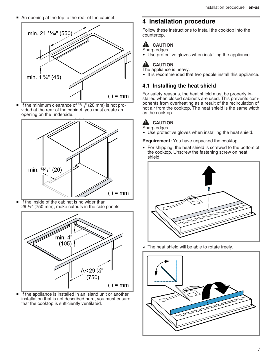 4 installation procedure, 1 installing the heat shield | Thermador Masterpiece Series Freedom Collection 36 Inch Induction Smart Cooktop Installation Instructions User Manual | Page 7 / 24