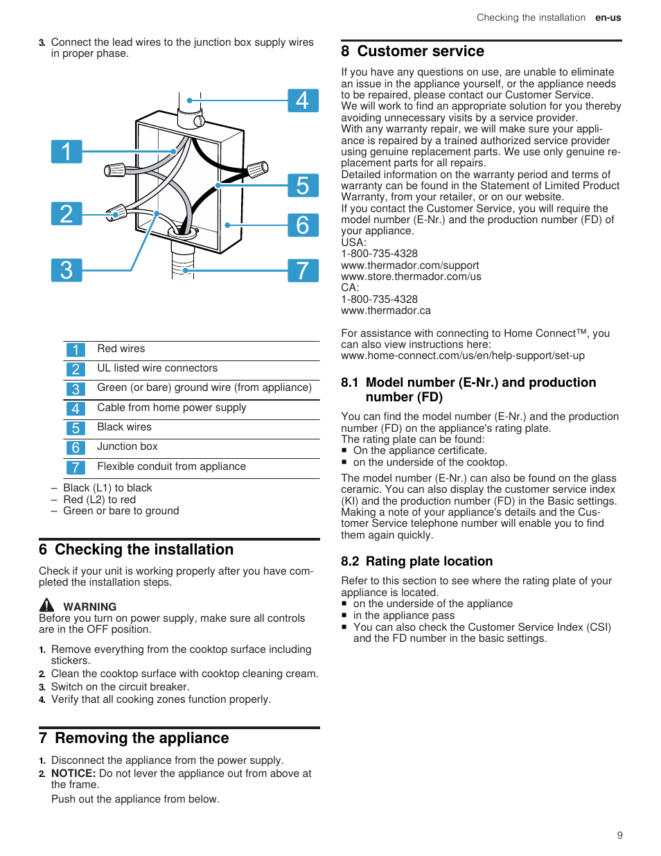 6 checking the installation, 7 removing the appliance, 8 customer service | 1 model number (e-nr.) and production number (fd), 2 rating plate location, 1 model number (e-nr.) and production number | Thermador Masterpiece Series Freedom Collection 36 Inch Induction Smart Cooktop Installation Instructions User Manual | Page 9 / 24