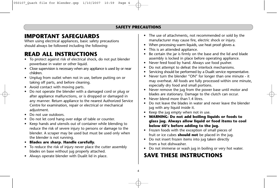 Important safeguards, Read all instructions, Save these instructions | Dualit Kitchen Blender User Manual | Page 4 / 12