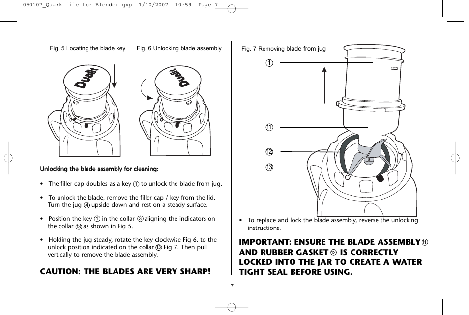 Caution: the blades are very sharp | Dualit Kitchen Blender User Manual | Page 7 / 12