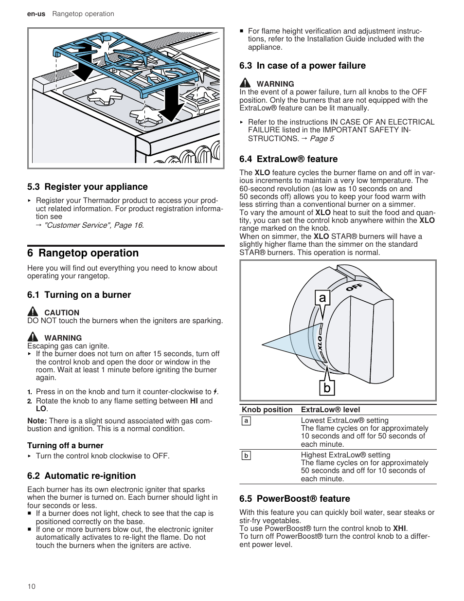 3 register your appliance, 6 rangetop operation, 1 turning on a burner | 1 turning off a burner, 2 automatic re-ignition, 3 in case of a power failure, 4 extralow® feature, 5 powerboost® feature | Thermador Professional Series Gas Rangetop Use and Care Guide User Manual | Page 10 / 40