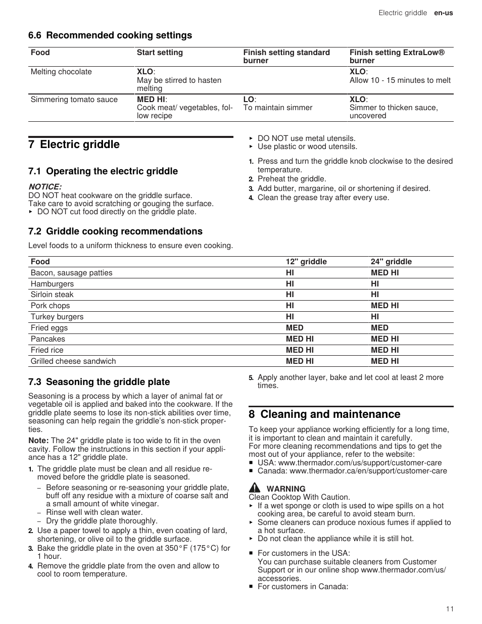 6 recommended cooking settings, 7 electric griddle, 1 operating the electric griddle | 2 griddle cooking recommendations, 3 seasoning the griddle plate, 8 cleaning and maintenance | Thermador Professional Series Gas Rangetop Use and Care Guide User Manual | Page 11 / 40