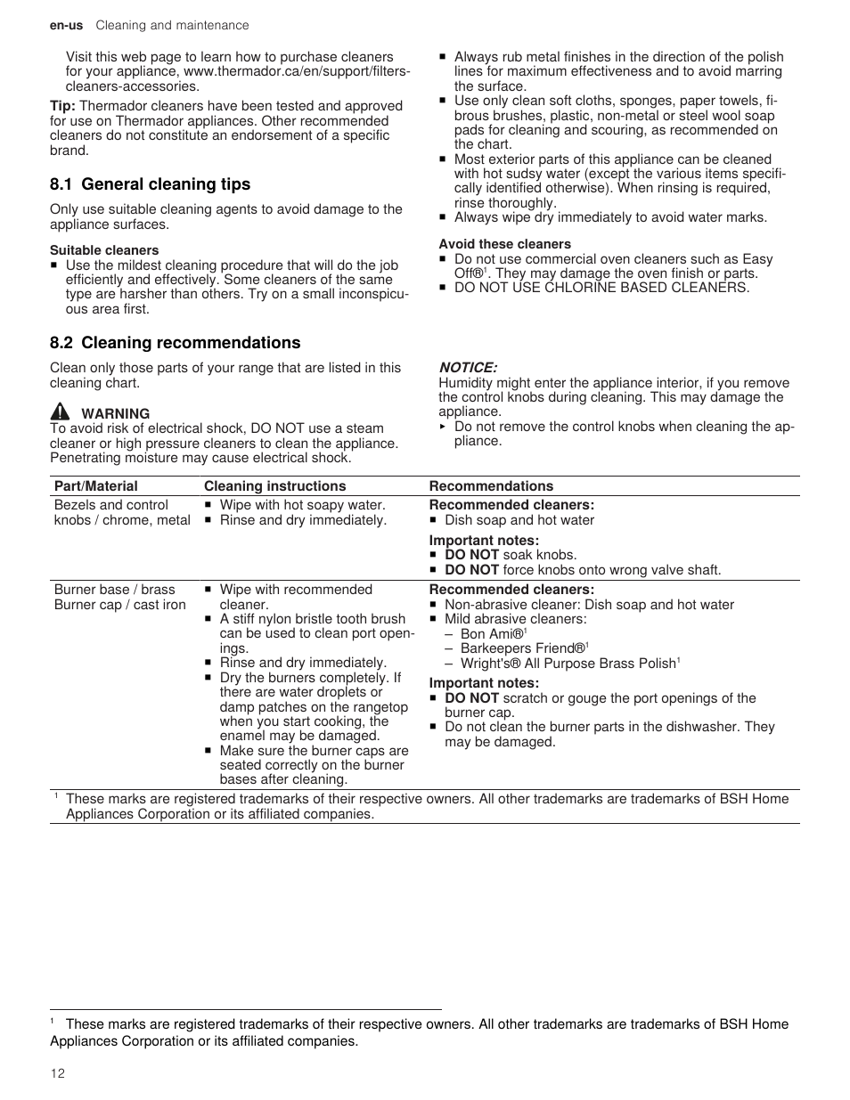 1 general cleaning tips, 2 cleaning recommendations | Thermador Professional Series Gas Rangetop Use and Care Guide User Manual | Page 12 / 40