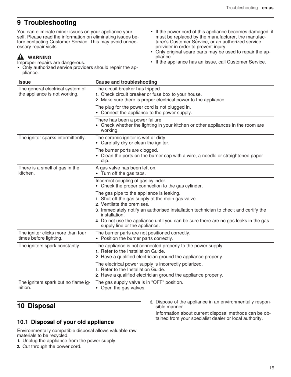 9 troubleshooting, 10 disposal, 1 disposal of your old appliance | Thermador Professional Series Gas Rangetop Use and Care Guide User Manual | Page 15 / 40