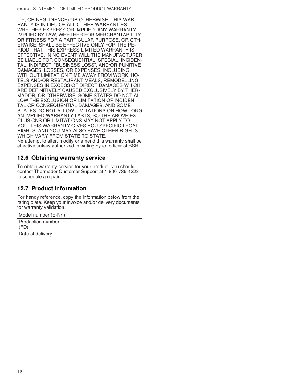 6 obtaining warranty service, 7 product information | Thermador Professional Series Gas Rangetop Use and Care Guide User Manual | Page 18 / 40