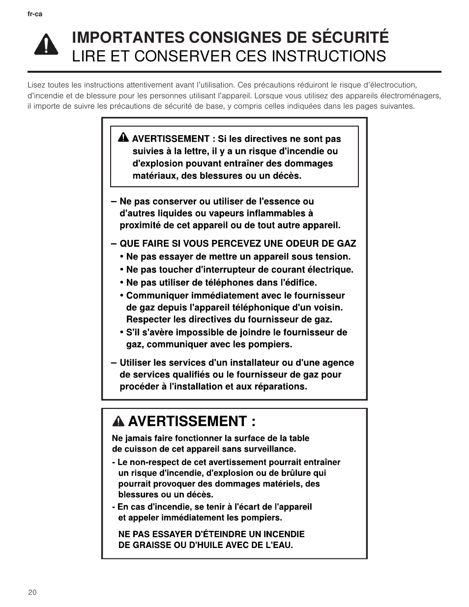 1 importantes consignes de sécurité, 1 importantes consignes de sécurité ........ 20 | Thermador Professional Series Gas Rangetop Use and Care Guide User Manual | Page 20 / 40