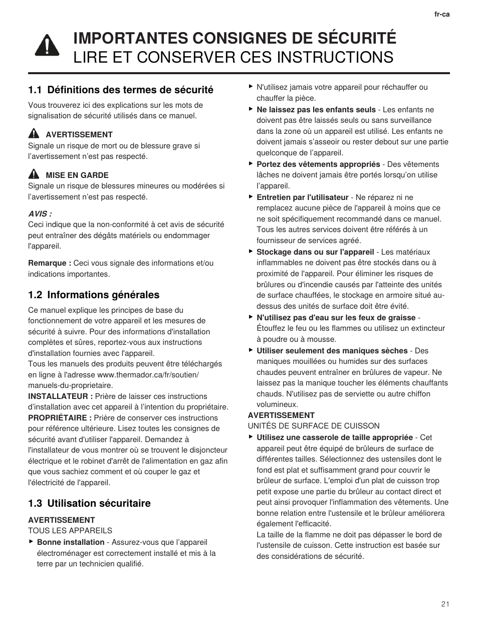 1 définitions des termes de sécurité, 2 informations générales, 3 utilisation sécuritaire | Thermador Professional Series Gas Rangetop Use and Care Guide User Manual | Page 21 / 40